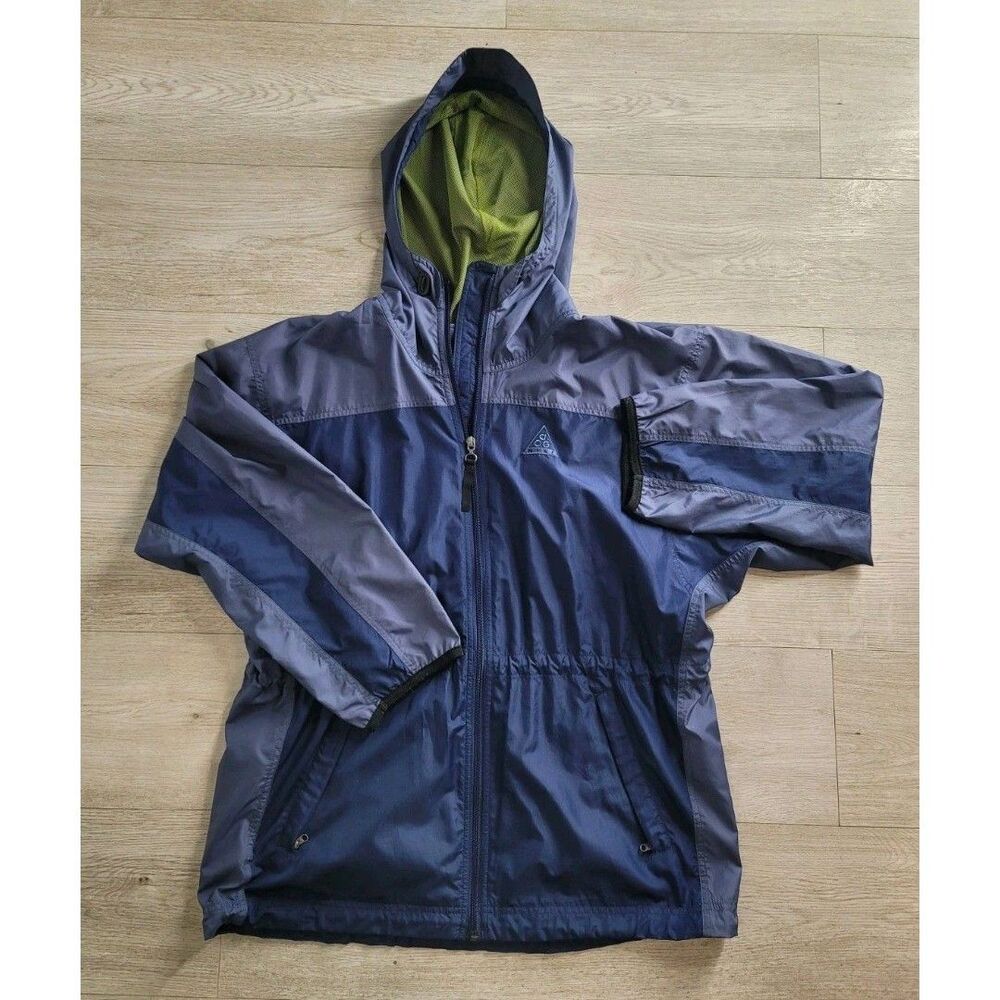 Vintage Nike ACG Women's M Hooded Rain Windbreaker Track Jacket Blue Full Zip